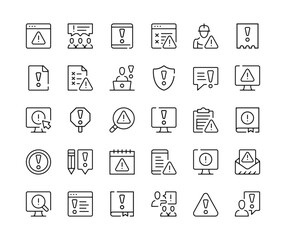 Warning icons. Vector line icons set. Black outline stroke symbols