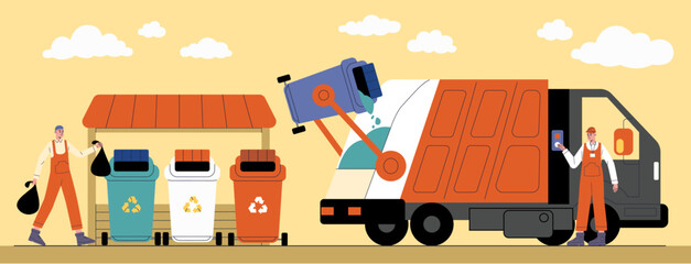 Garbage transportation. Shipment waste in truck. Workers in overalls. Professional scavengers. Trash containers for sorting and recycling. Litter loading into lorry. Vector concept