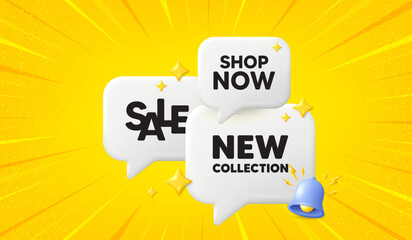 New collection tag. 3d offer chat speech bubbles. New fashion arrival sign. Advertising offer symbol. New collection speech bubble 3d message. Talk box banner with bell. Vector