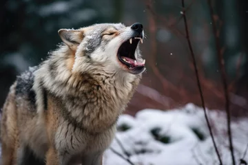 Fotobehang A wolf howling in the snow. The wolf is standing on a snow-covered ground with trees in the background. The wolf’s mouth is open wide and its head is tilted back as it howls © Florian