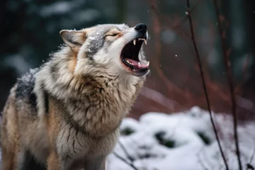 Stof per meter A wolf howling in the snow. The wolf is standing on a snow-covered ground with trees in the background. The wolf’s mouth is open wide and its head is tilted back as it howls © Florian