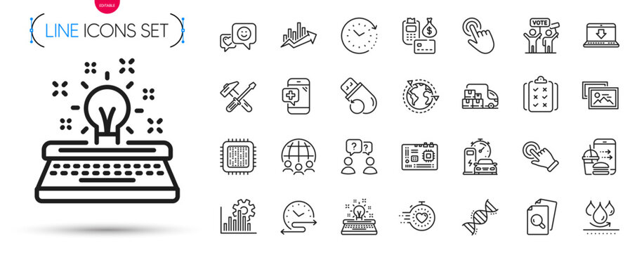 Pack of Inspect, Cursor and Time schedule line icons. Include Seo graph, Touchscreen gesture, Payment pictogram icons. Voting campaign, Global business, Smile signs. Rule, Medical phone. Vector