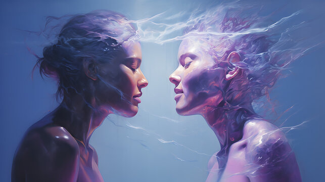  Two heads facing each other connected with psychic waves, in light purple and blue tones, emotional gestures