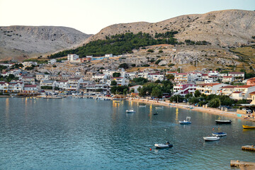 View of the city of Metajna, Pag, Croatia, a tourist city on the Adriatic coast, the landscape of the city on the seashore