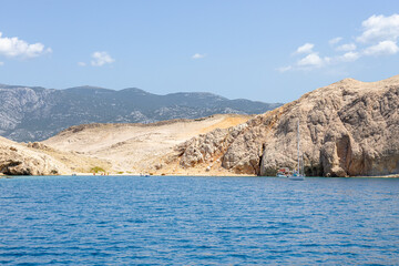 Seascapes, panorama of the sea and slopes, holidays on the island of Pag, Croatia