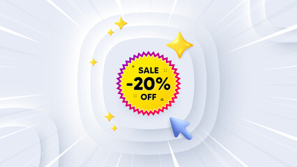 Sale 20 percent off banner. Neumorphic offer 3d banner, poster. Discount sticker shape. Coupon star icon. Sale 20 percent promo event background. Sunburst banner, flyer or coupon. Vector
