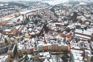 Winter landscape from a height on the snow-covered town of Klodzko, Poland.