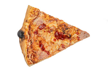 Burnt pizza crust, triangular pizza on a white isolated background. Hawaiian pizza