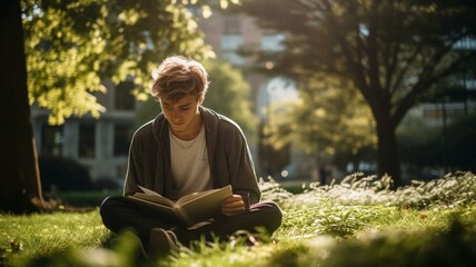 Boy sitting in the park reading