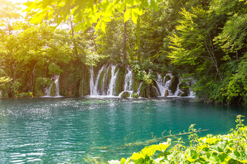Waterfalls in the park, Beautiful summer landscape near the lake and waterfalls, Plitvice Lakes, Croatia