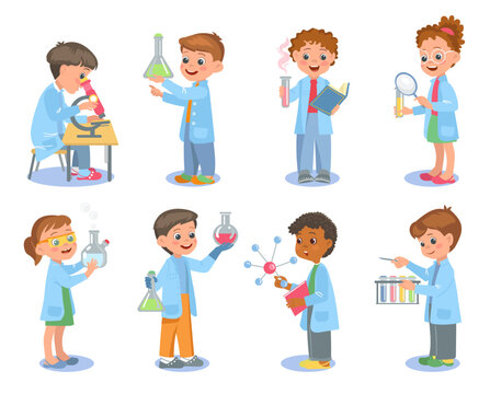 Little scientists. Kids in lab coats hold test tubes. Chemical flasks and beakers. Young chemists or biologists. Physicists scientific experiments. Laboratory research. Splendid vector set