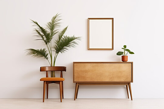 Rustic wooden table near white wall with mockup poster frame with copy space. Boho interior design of modern living room. Created with generative AI