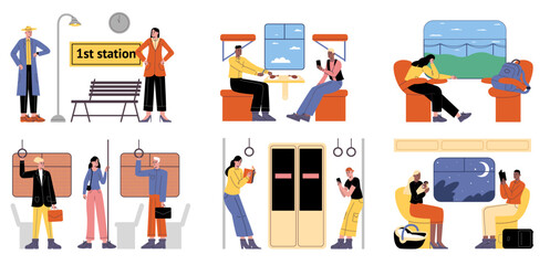 Passengers in different transport. People going on business in trains or metro. Happy men and women on way. Travelers standing or sitting in subway carriage. Traveling persons vector set