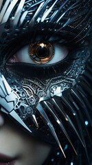 female eye with futuristic makeup and metallic mask, blue eye and iris macro, generative ai