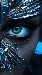 Fototapeta na wymiar female eye with futuristic makeup and metallic mask, blue eye and iris macro, generative ai