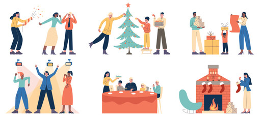People celebrating Christmas. Cartoon happy families preparing to New Year. Happy children decorate tree. Festive dinner and party. Funny persons disco dancing. Xmas celebration vector set