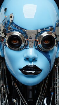 blue female futuristic face, alien or goddess, robotic cyborg concept, generative AI