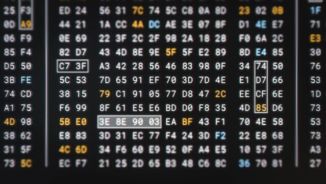 Computer memory code encryption technology for high security. Big Data Analysis process in low level programming to reverse engineering software, digital binary hexadecimal number display 3D rendering