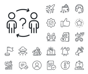 Teamwork help sign. Salaryman, gender equality and alert bell outline icons. Delegate question line icon. Employee share symbol. Delegate question line sign. Spy or profile placeholder icon. Vector