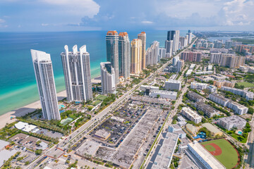 Sunny Isles Beach Florida. Panorama of Miami Beach FL. Atlantic Ocean beach. Beautiful seascape....