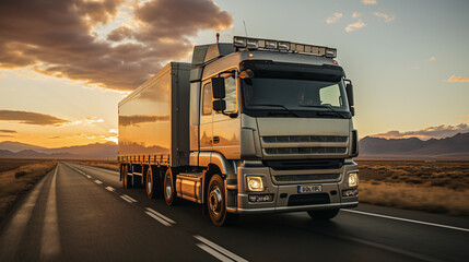 truck drives on a road on a lowland plain at sunset