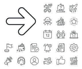 Forward Arrowhead symbol. Salaryman, gender equality and alert bell outline icons. Next arrow line icon. Navigation pointer sign. Next line sign. Spy or profile placeholder icon. Vector