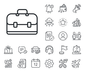 Portfolio symbol. Salaryman, gender equality and alert bell outline icons. Business case line icon. Diplomat sign. Portfolio line sign. Spy or profile placeholder icon. Online support, strike. Vector