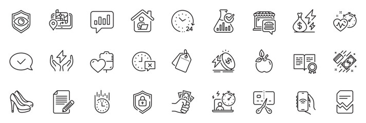 Fototapeta na wymiar Icons pack as Shield, Chemistry lab and Energy price line icons for app include Bankrupt, Time, Analytical chat outline thin icon web set. Payment, Blood, Gps pictogram. Article, Fraud. Vector