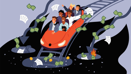 Scared people rushing in abyss on roller coaster. Financial crisis allegory. Economical collapse. Company bankruptcy. Businessmen falling into recession hole. Garish vector concept