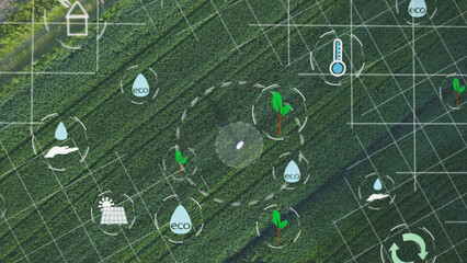 Scientist wearing gas mask and protective white hazmat suit standing in a green field checking CO2 emission and collecting data with AI. Smart farming agricultural revolution concept