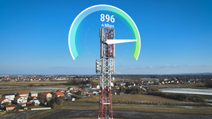 Aerial along 5G telecom tower with animation of super high speed internet data. Graphic of Mbps