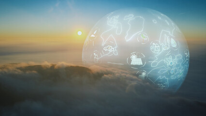 Glowing earth map sphere with icons, above mountains and clouds - 3d graphics
