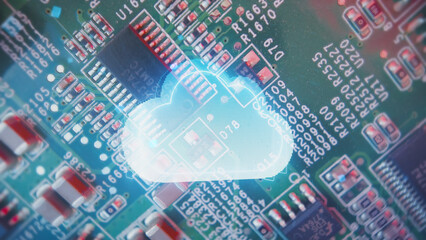 Hologram cloud storage under cyber attack with red malware alarm. Microchip processor circuit board...