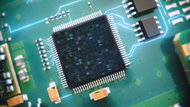 Microchip computer unit processor CPU motherboard integrated circuit, fast loading data propagate signal connection on micro electronic components. Close up 3D animation