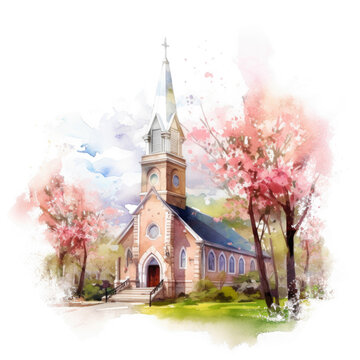 Watercolor Church Painting on White, wedding Clip art.