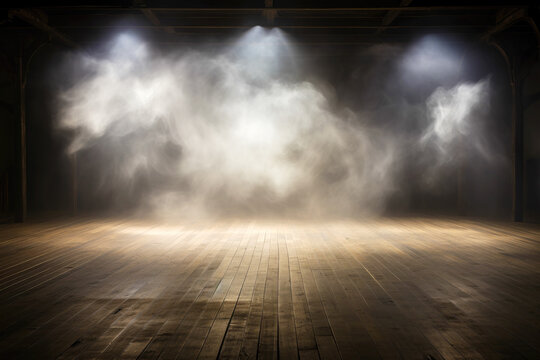 Empty Wooden Stage Illuminated by Spotlights, Dark Background