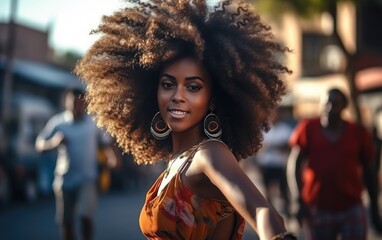 Beautiful, young African woman happy, having fun celebrating victory, expressing great success, energy and positive emotions in motion. Celebrates a new job, outdoors.