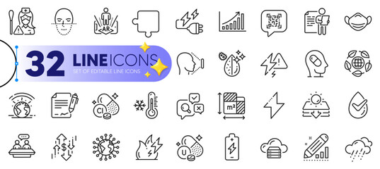 Outline set of Face id, Augmented reality and Coronavirus line icons for web with Puzzle, Depression treatment, Signing document thin icon. Vitamin u, Low thermometer, Nurse pictogram icon. Vector