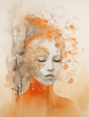 Mystical Poster with a girl in orange tones. Generative AI