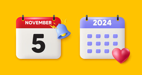 Calendar date 3d icon. 5th day of the month icon. Event schedule date. Meeting appointment time. 5th day of November month. Calendar event reminder date. Vector