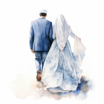 Watercolor Muslim Groom and Bride Backwards Isolated on White, wedding background in Black and White