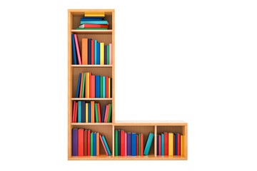 Letter L, alphabet in the form of shelves with books, 3D rendering isolated on transparent background