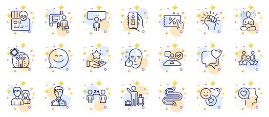 Outline set of Job interview, Yoga and Info app line icons for web app. Include Loyalty program, Airport transfer, Romantic talk pictogram icons. Intestine, Smile chat. Circles with 3d stars. Vector