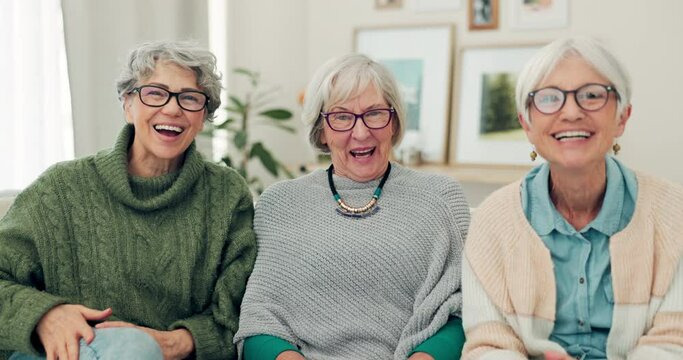 Happy, sofa and senior women with glasses for vision, wow and reaction together. Excited, surprise and face portrait of elderly friends with eyewear on the living room couch for looking in retirement