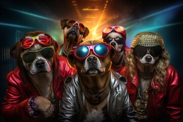 a group of cool looking and funky dressed dogs on a vacation party ordering a drink at the bar of a night club