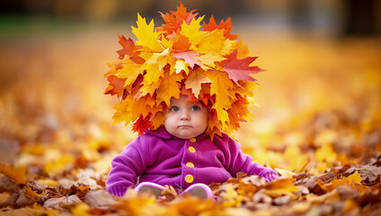 Baby is in big wreath of leaves.  Little kid in colorful autumn wreath made of maple leaves on his head in autumn park. digital ai