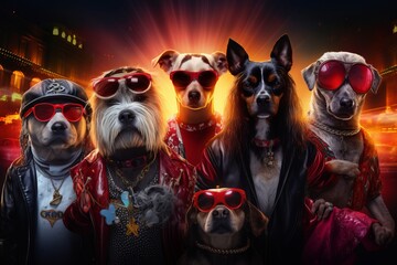 a group of cool looking and funky dressed dogs on a vacation party ordering a drink at the bar of a night club