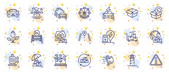 Outline set of Airplane travel, Ship travel and Delivery cart line icons for web app. Include Inventory cart, Warning, Car pictogram icons. International delivery, Charging station. Vector
