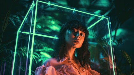 Beautiful girl on neon glass cube, tropical leaves. AI generation