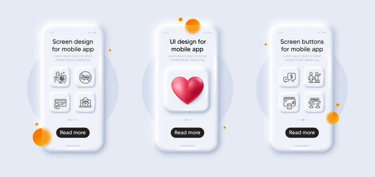 Difficult stress, Wallet and Stop stress line icons pack. 3d phone mockups with heart. Glass smartphone screen. Payment received, Teamwork, Payment methods web icon. Fraud pictogram. Vector